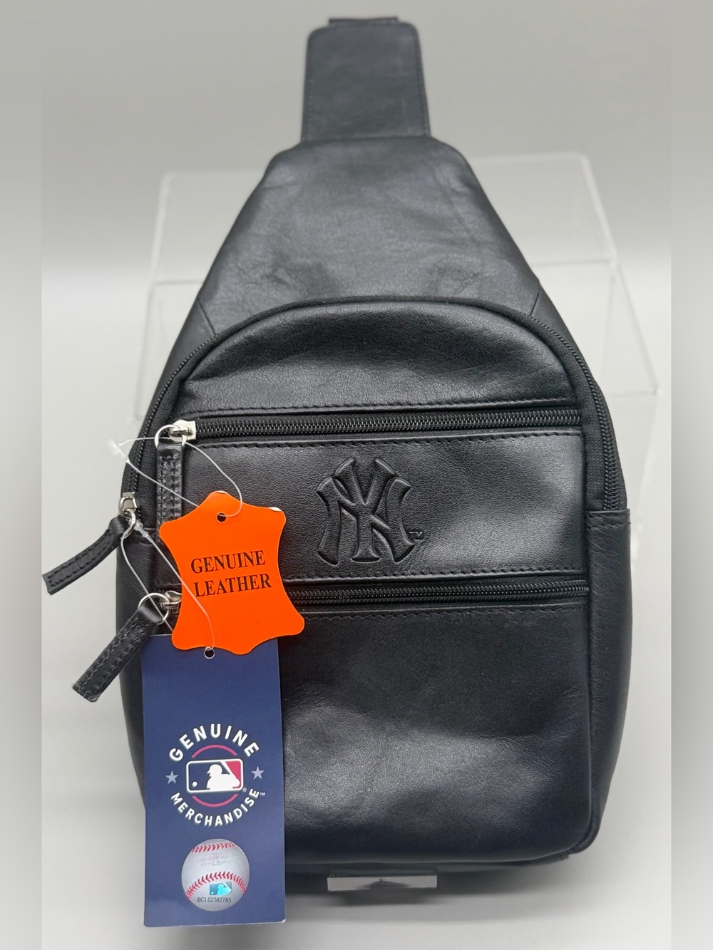 NEW YORK YANKEES SLING BAG CROSSBODY MLB BASEBALL 100% GENUINE LEATHER BLACK